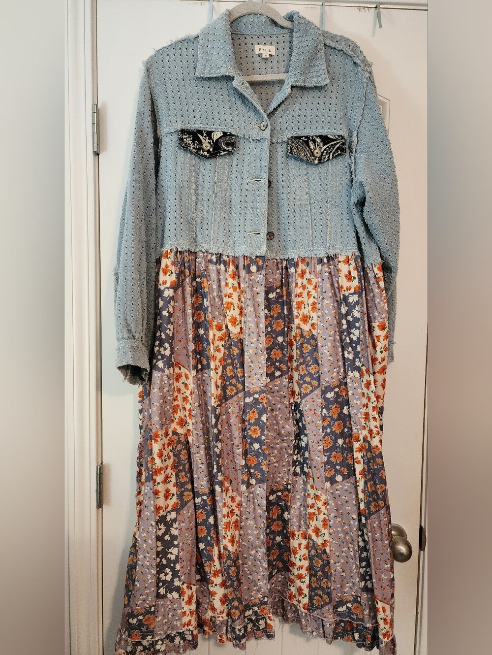 POL Light Blue Cotton Patchwork Floral Midi Jacket Oversized S 22" PTP Boho
